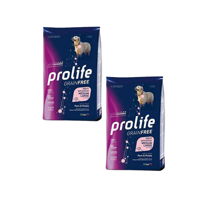 Prolife Grain Free Sensitive cane medio grande 2x10kg con maiale e patate, crocchette grain free per cani adulti sensibili Prolife Grain Free Sensitive cane medio grande 2x10kg con maiale e patate, crocchette grain free per cani adulti sensibili